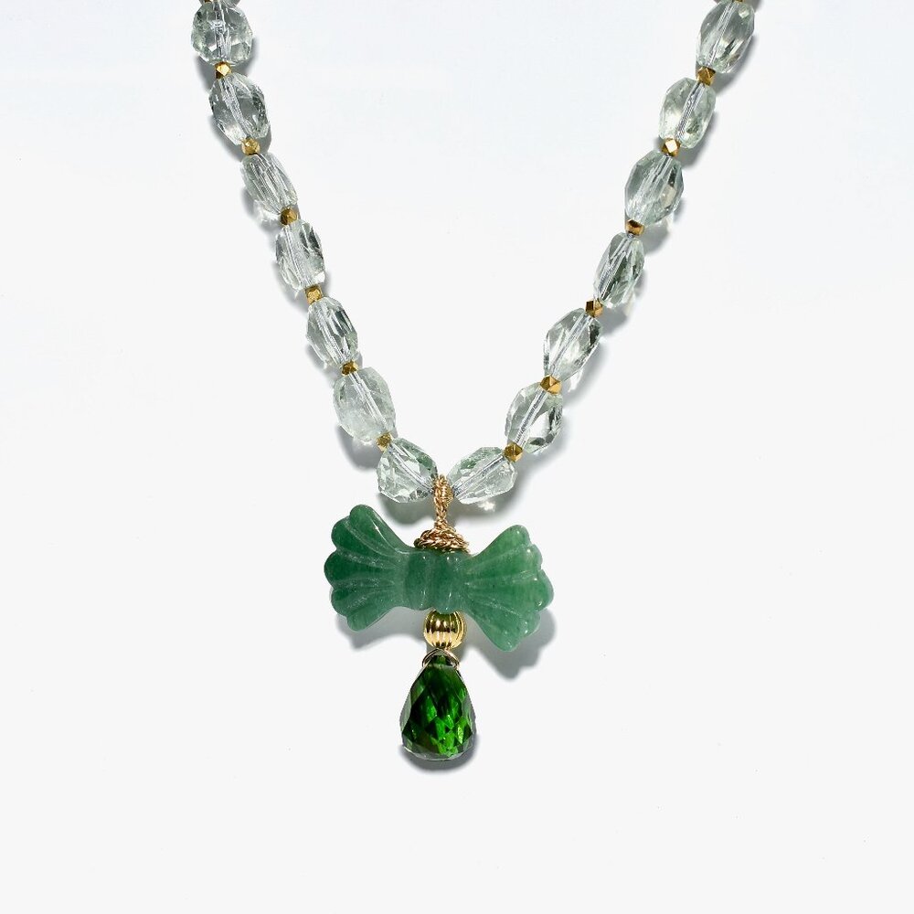 14KGold Filled Green Amethyst & Aventurine Ribbon Knotted OOAK Necklace - Picture 3 of 7